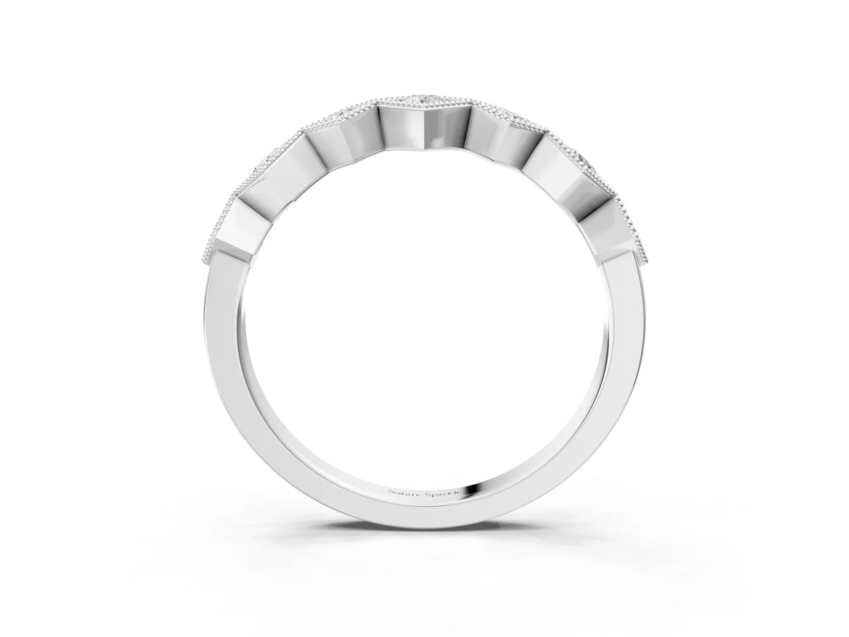 Silver Milgrain Square Bezel Round Diamond Chevron Band_9