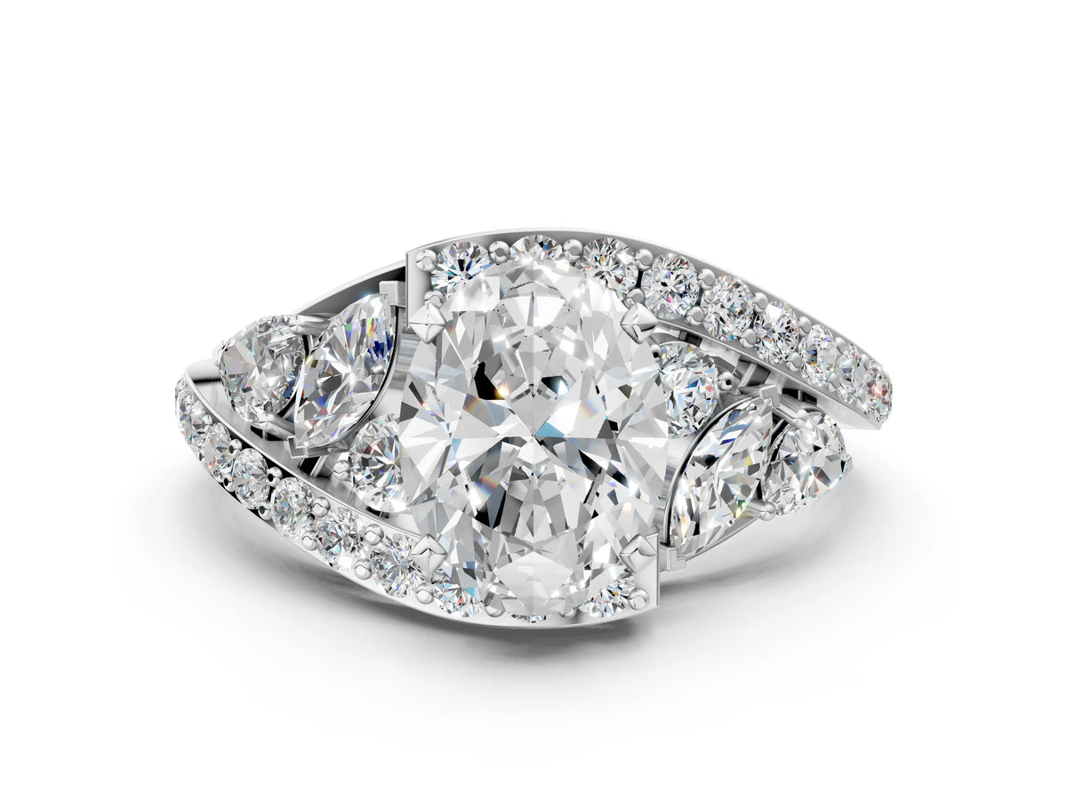 Silver Oval Cut Diamond Halo Ring with Marquise and Pavé Band in Prong Setting_12