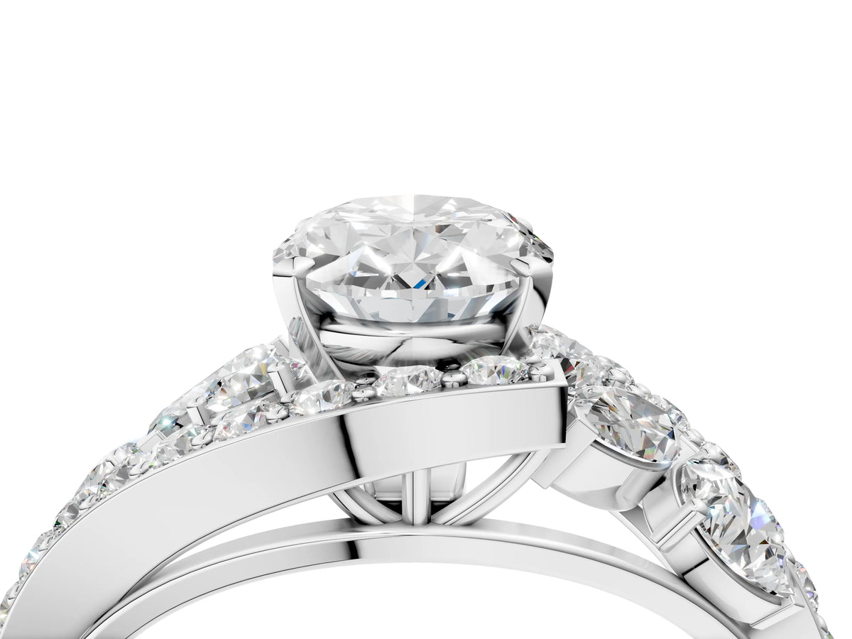 Silver Oval Cut Diamond Halo Ring with Marquise and Pavé Band in Prong Setting_16