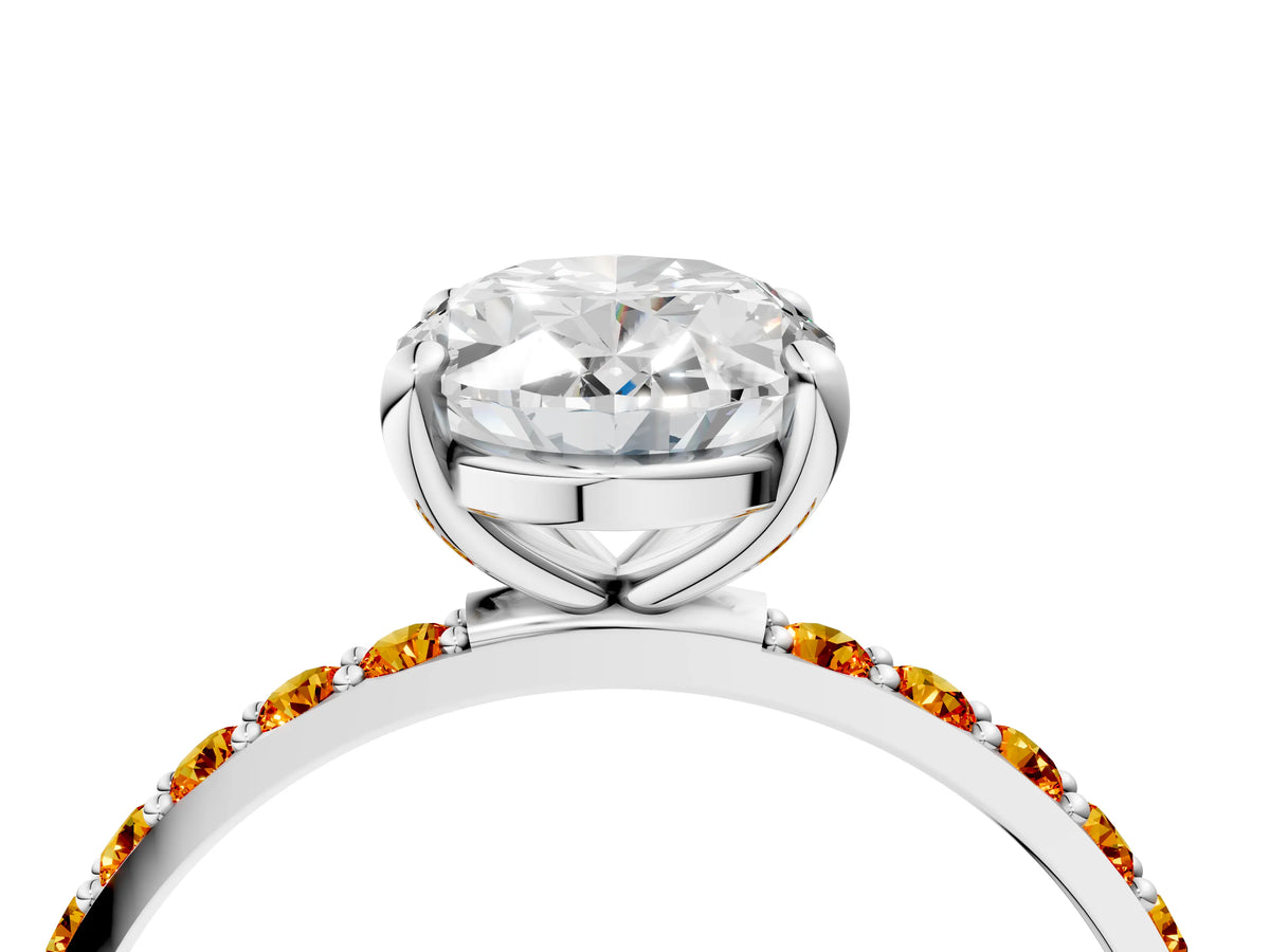 Silver Oval Cut Diamond Solitaire Ring with Round Citrine Pavé Band and Prong Setting_10