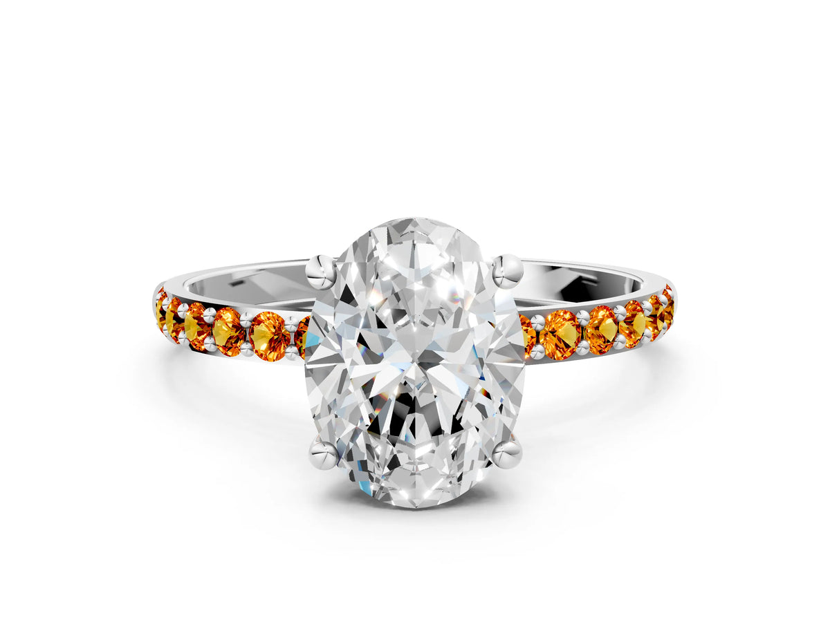 Silver Oval Cut Diamond Solitaire Ring with Round Citrine Pavé Band and Prong Setting_6