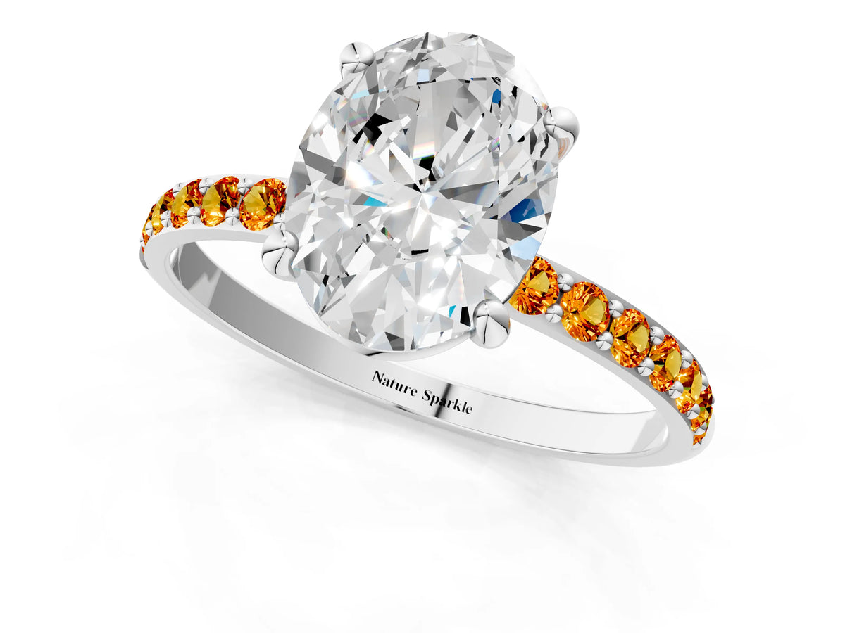 Silver Oval Cut Diamond Solitaire Ring with Round Citrine Pavé Band and Prong Setting_7