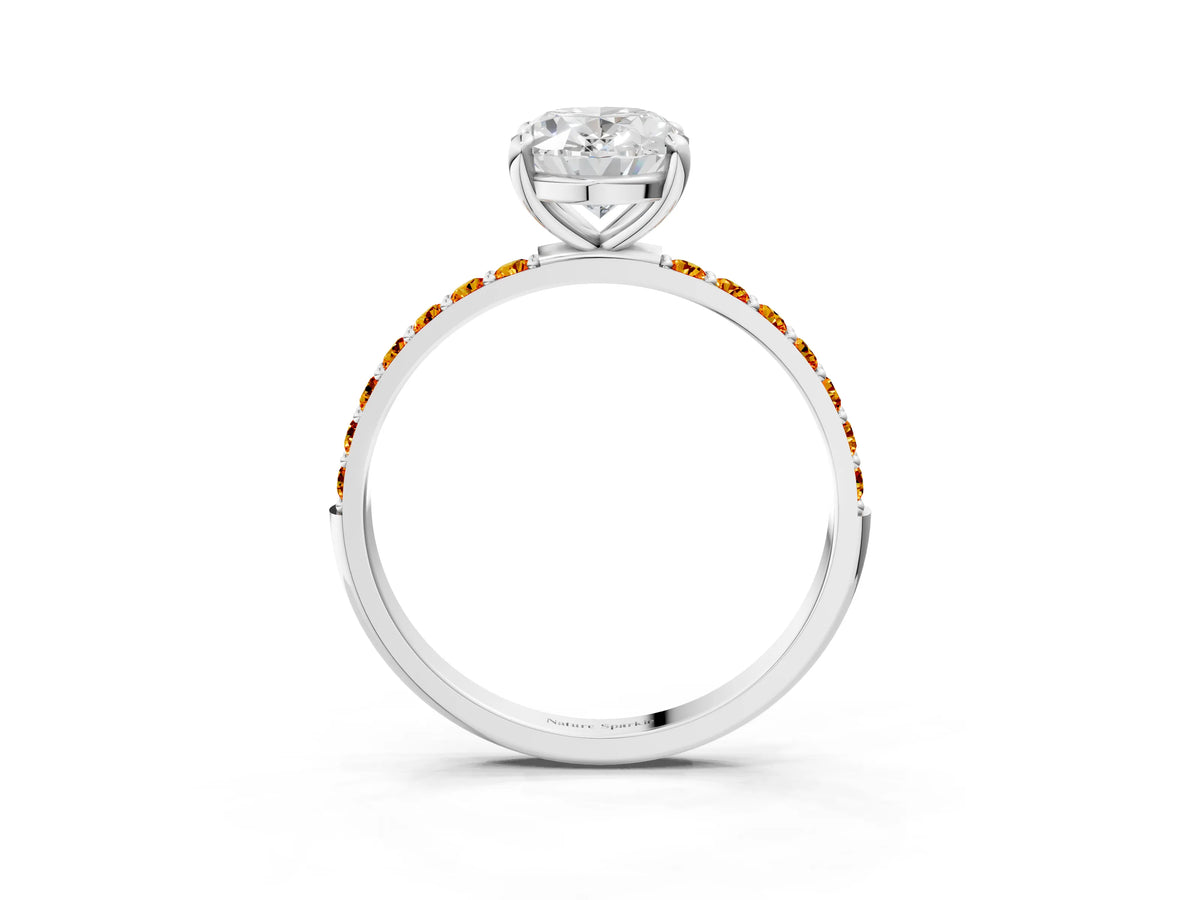 Silver Oval Cut Diamond Solitaire Ring with Round Citrine Pavé Band and Prong Setting_9