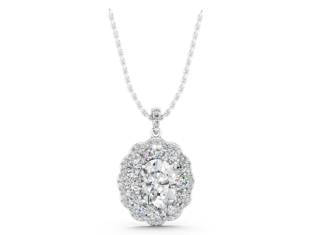 Silver Oval Diamond Floral Halo Pendant with Diamond Accents_3