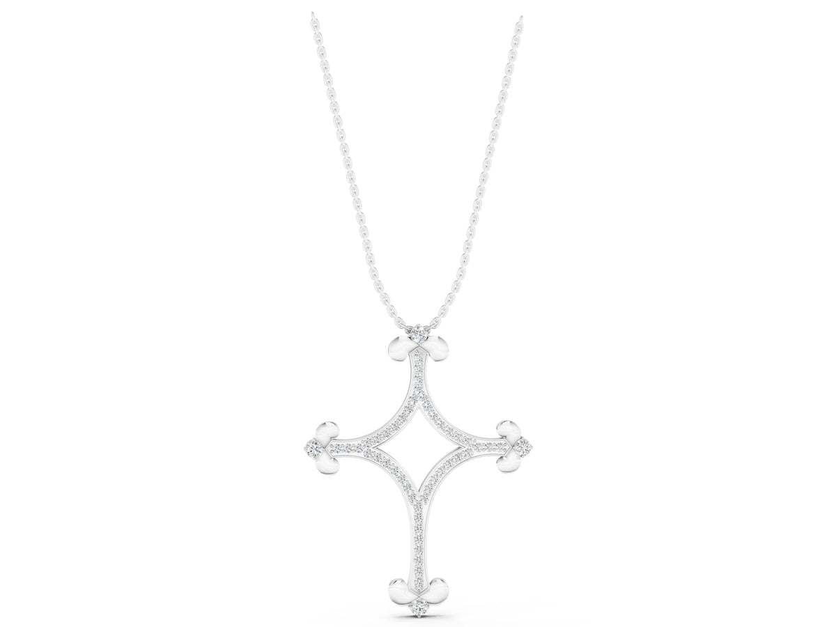 Silver Pavé Diamond Cushion Cross Pendant with Fleur-de-Lis Prongs_3