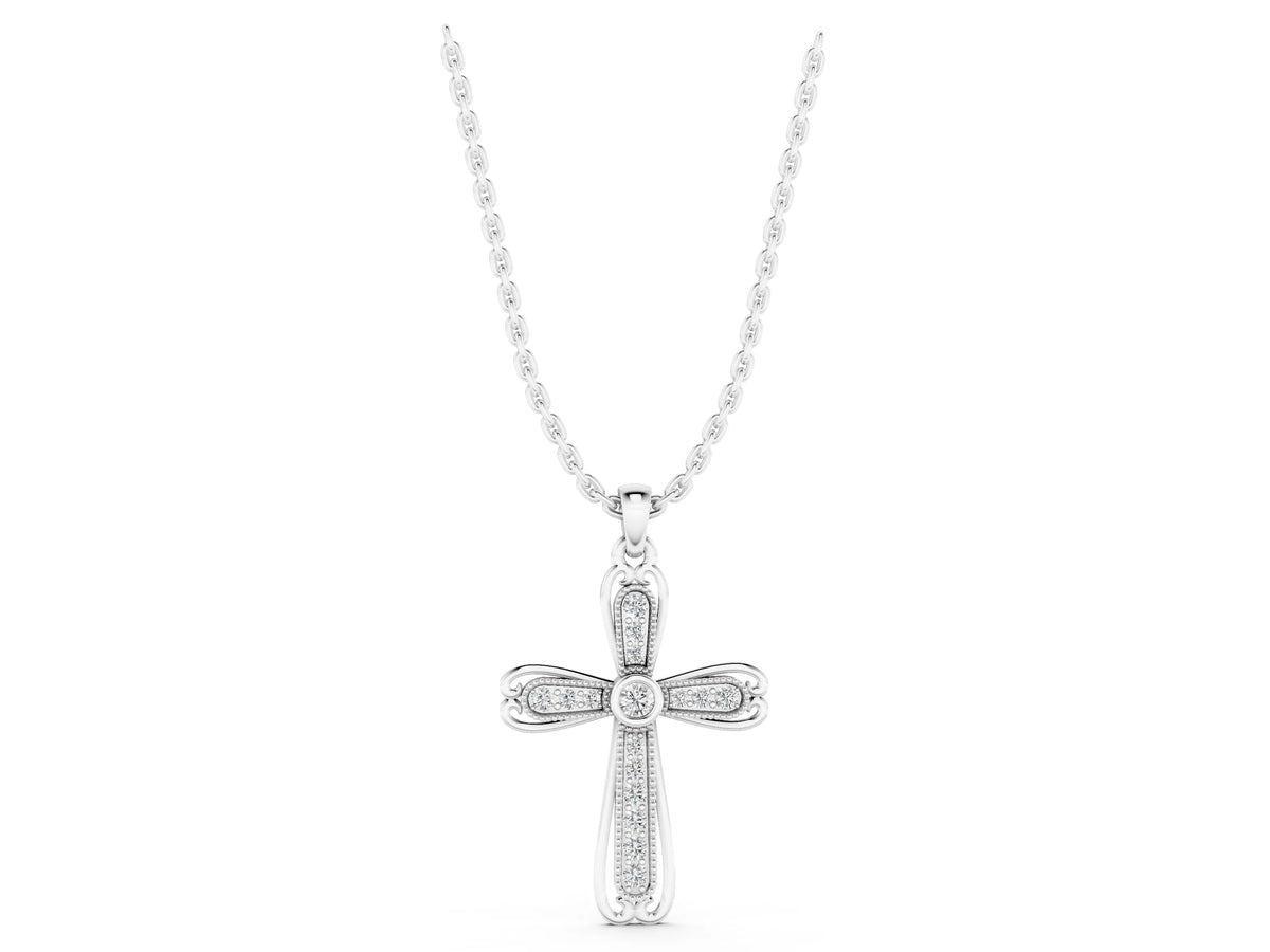 Silver Pavé Round Diamond Cross Pendant with Bezel Setting_3