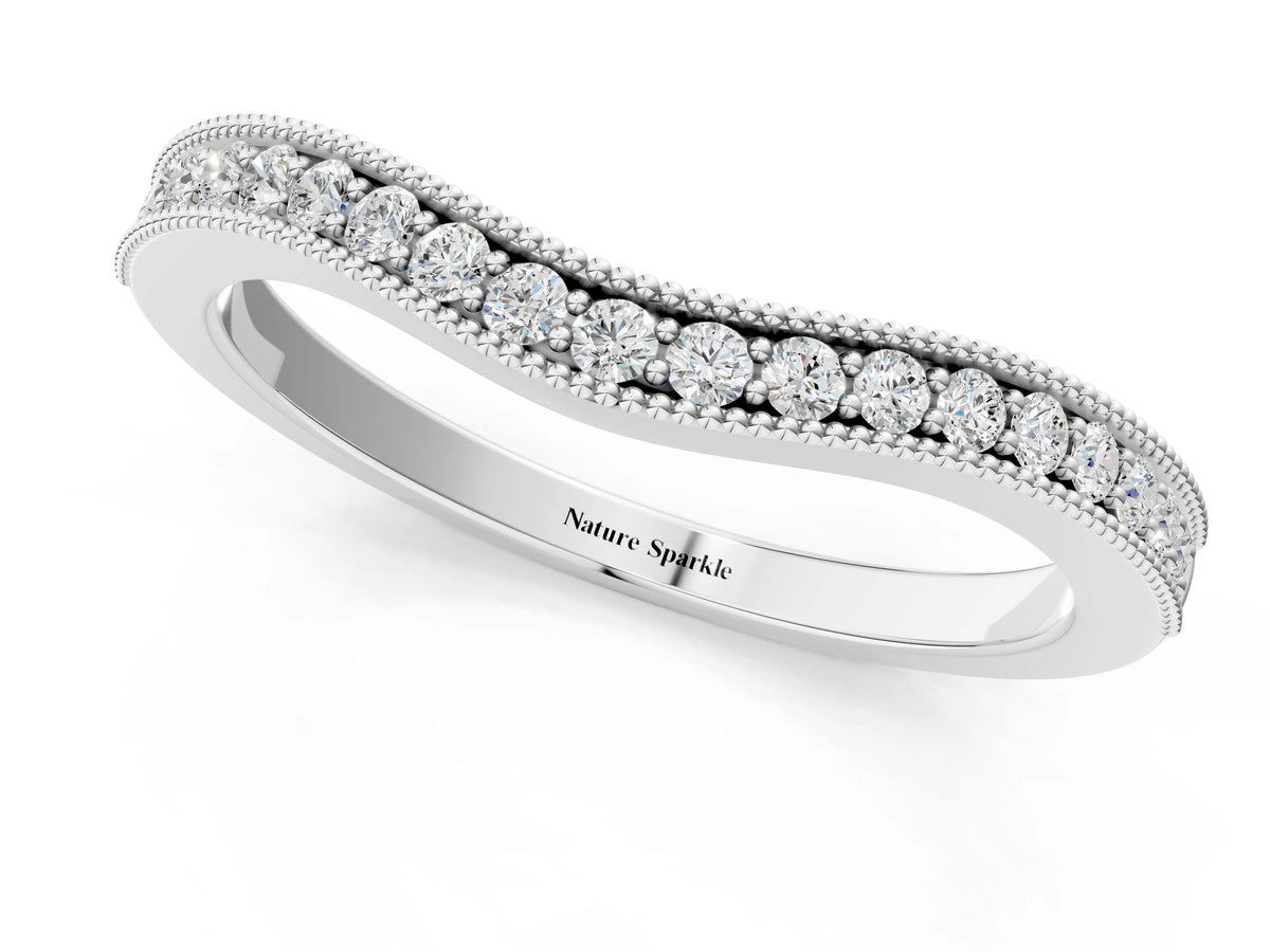 Silver Pavé Round Diamond Curved Band with Milgrain Edge_7