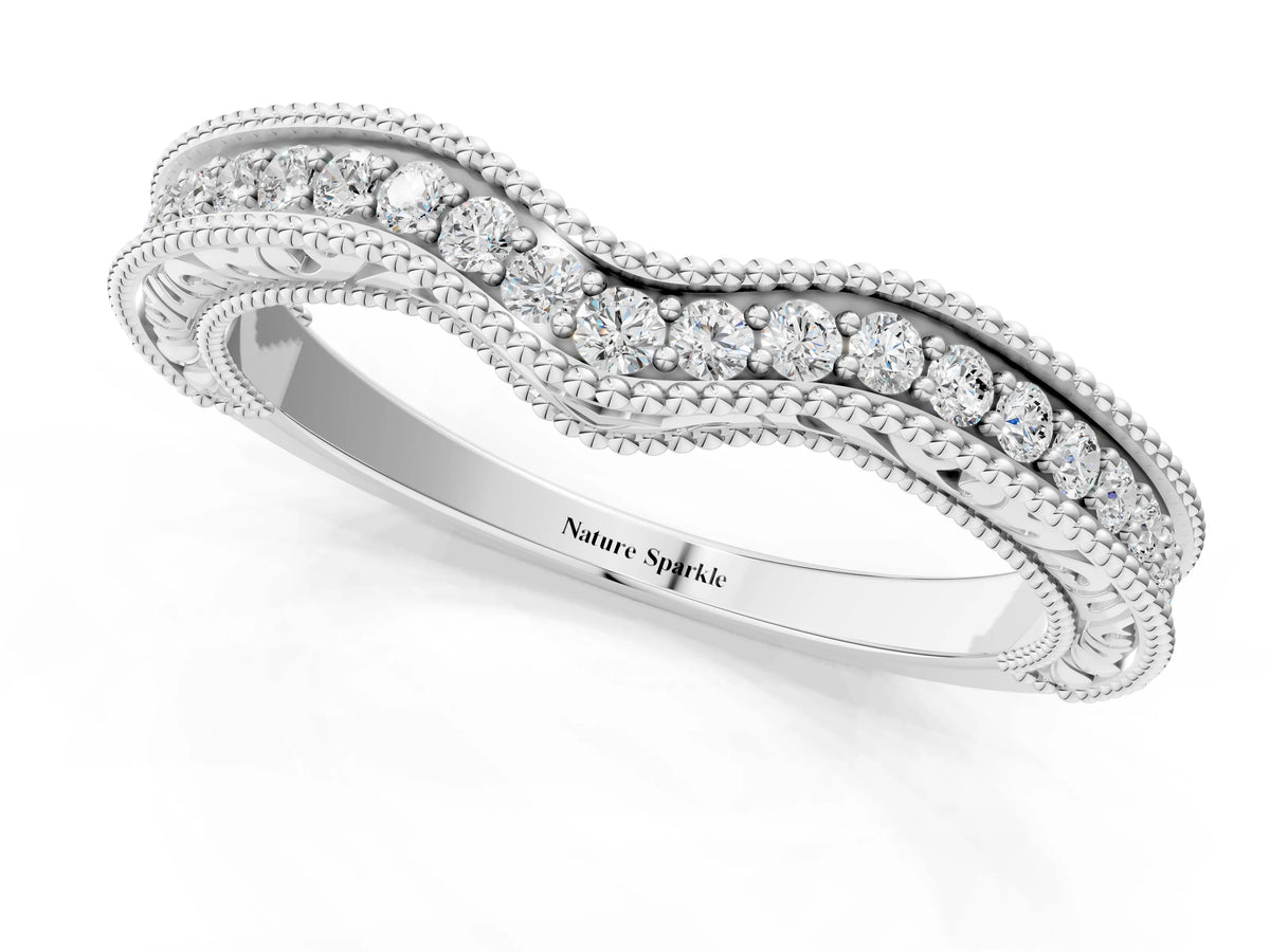 Silver Pave Round Diamond Curved Milgrain Band_7