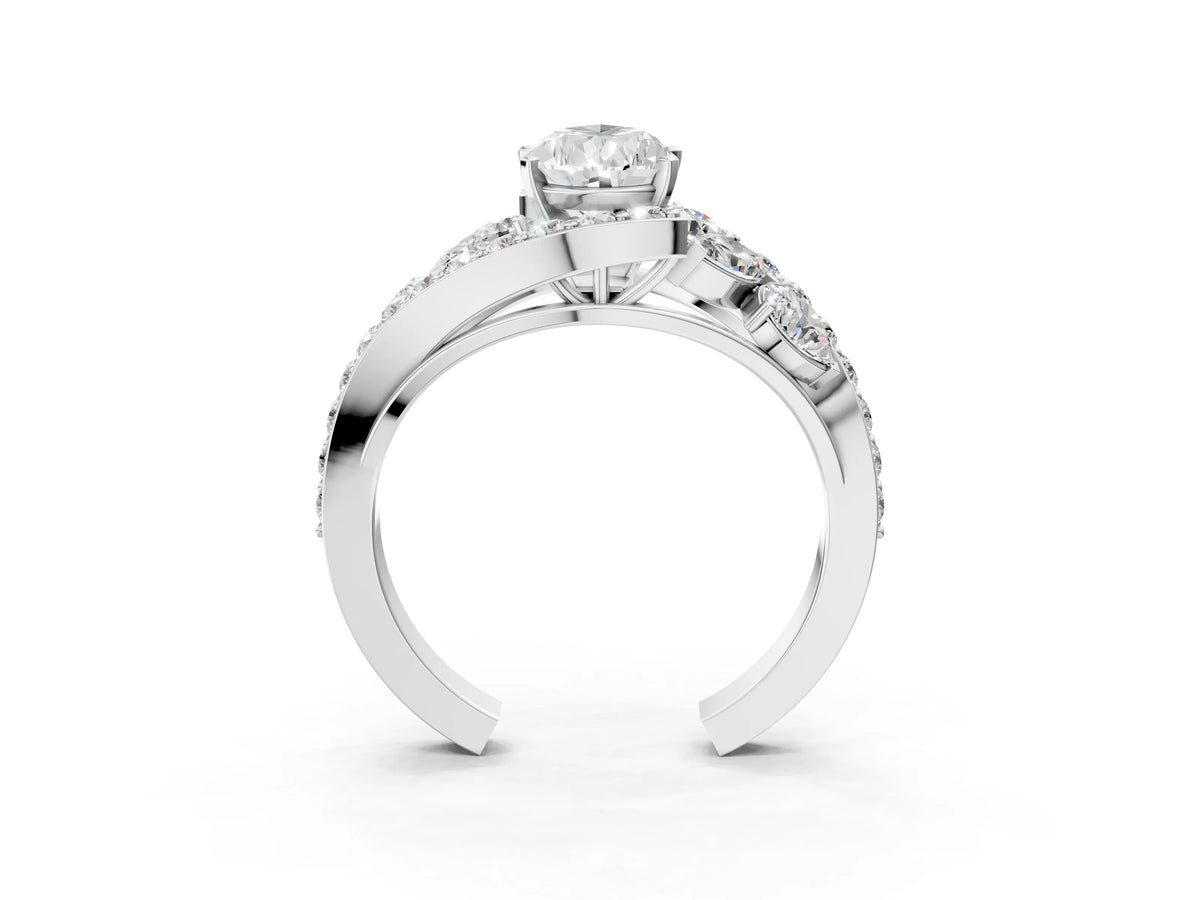 Silver Pear Cut Diamond Halo Ring with Marquise and Pavé Band in Prong Setting_9
