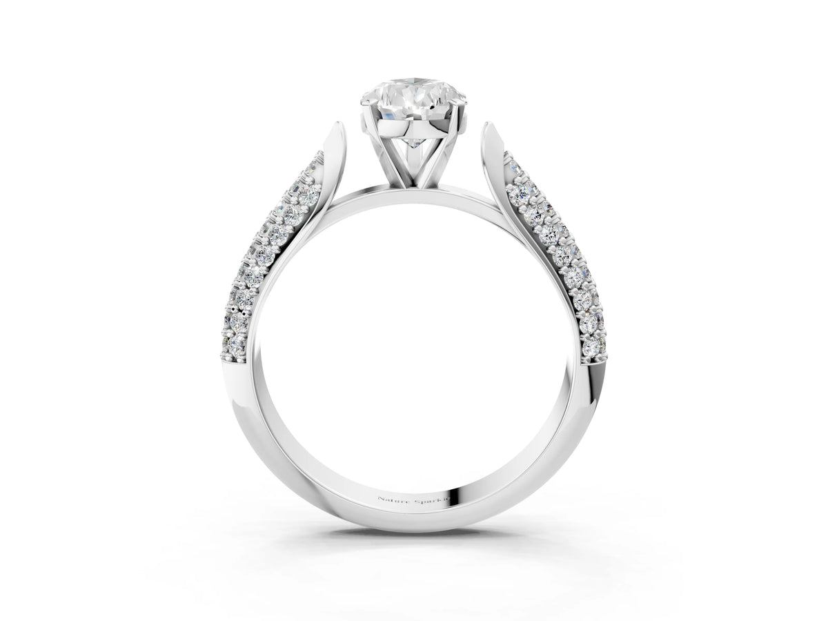 Silver Pear Cut Diamond Solitaire Engagement Ring with Multi-Row Round Pavé Band and Prong Setting_15