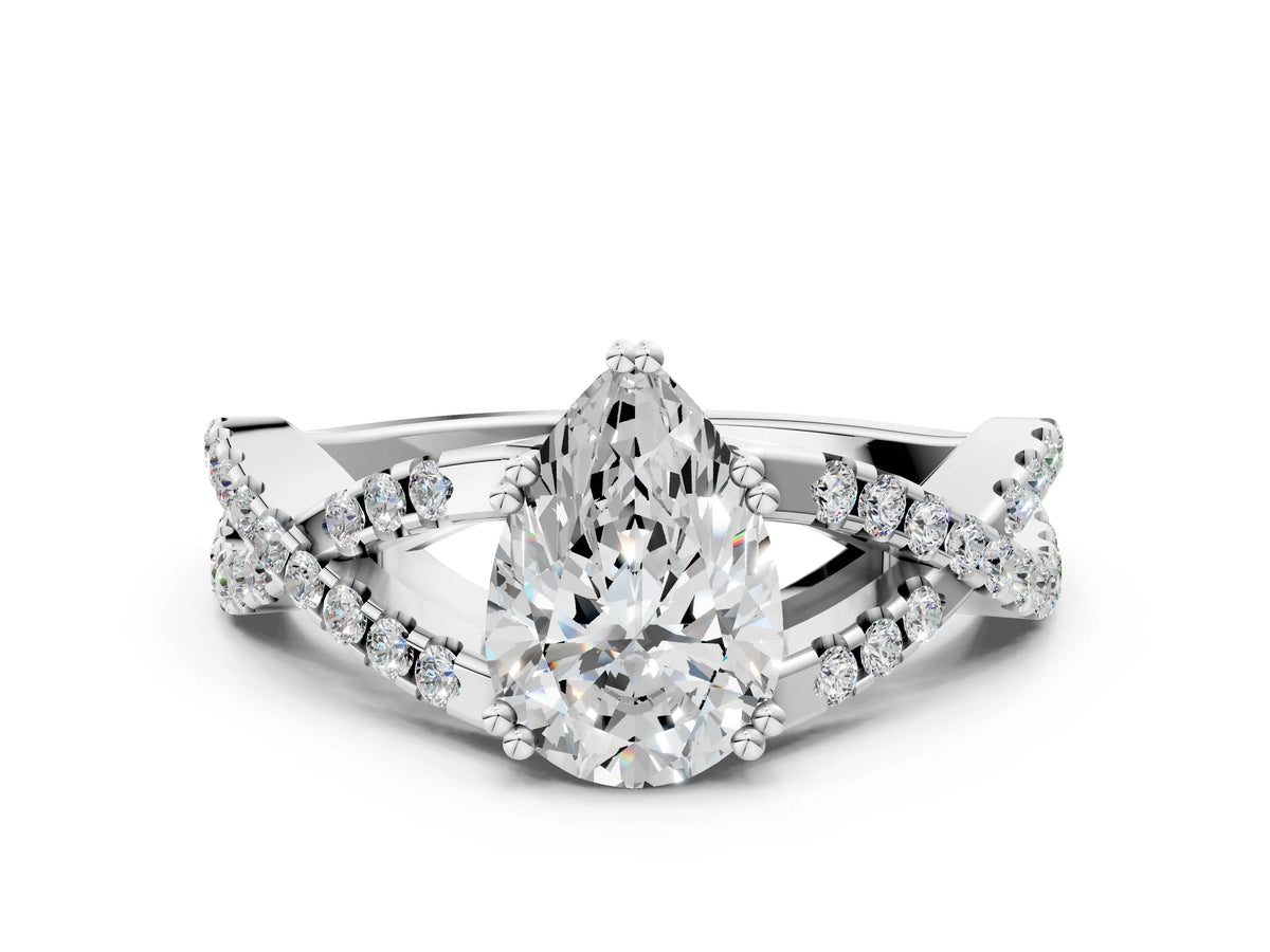 Silver Pear Cut Diamond Solitaire Ring with Four-Prong Setting and Twisted Pavé Band_6