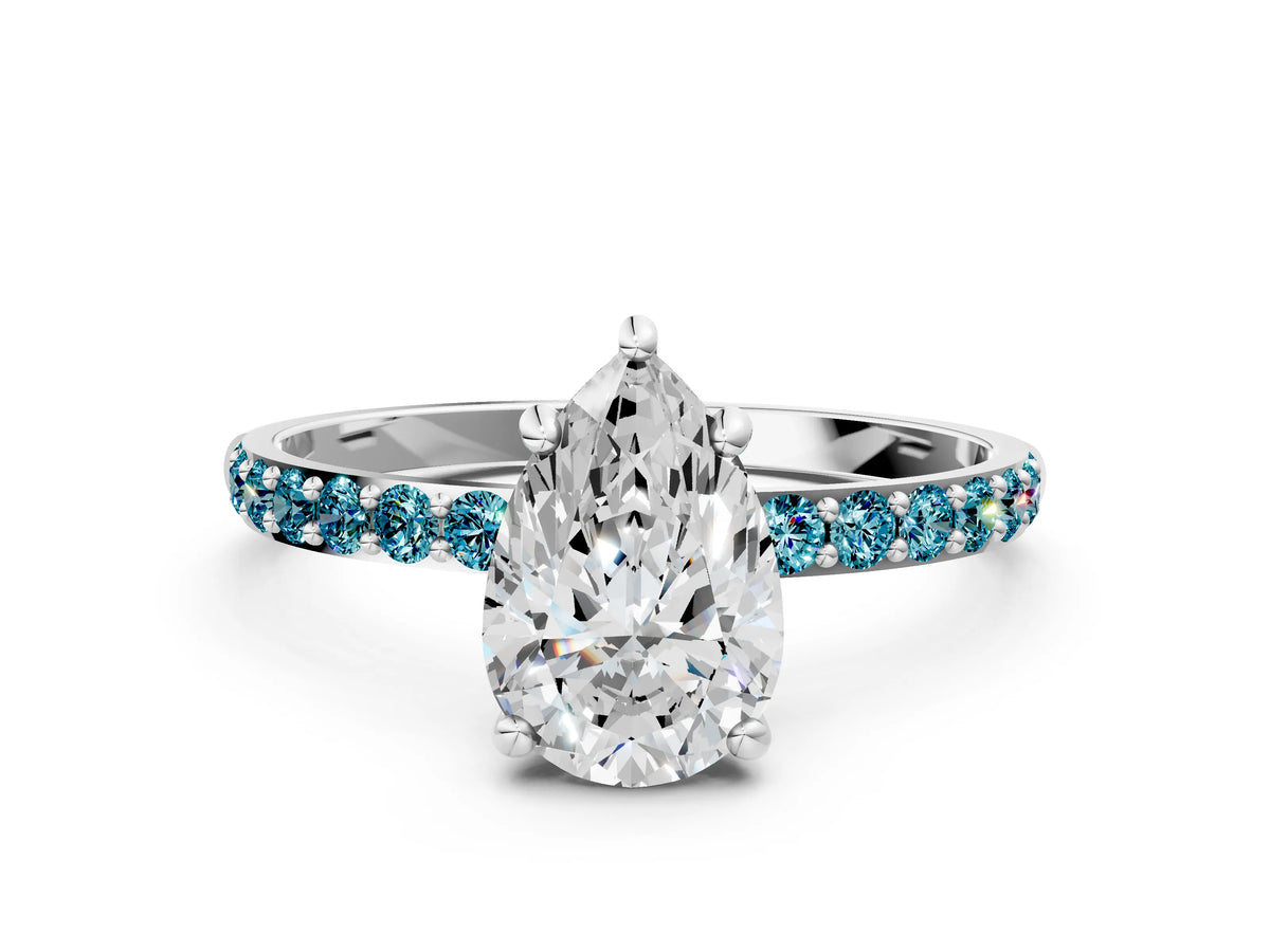 Silver Pear Cut Diamond Solitaire Ring with Round Blue Topaz Pavé Band and Prong Setting_12