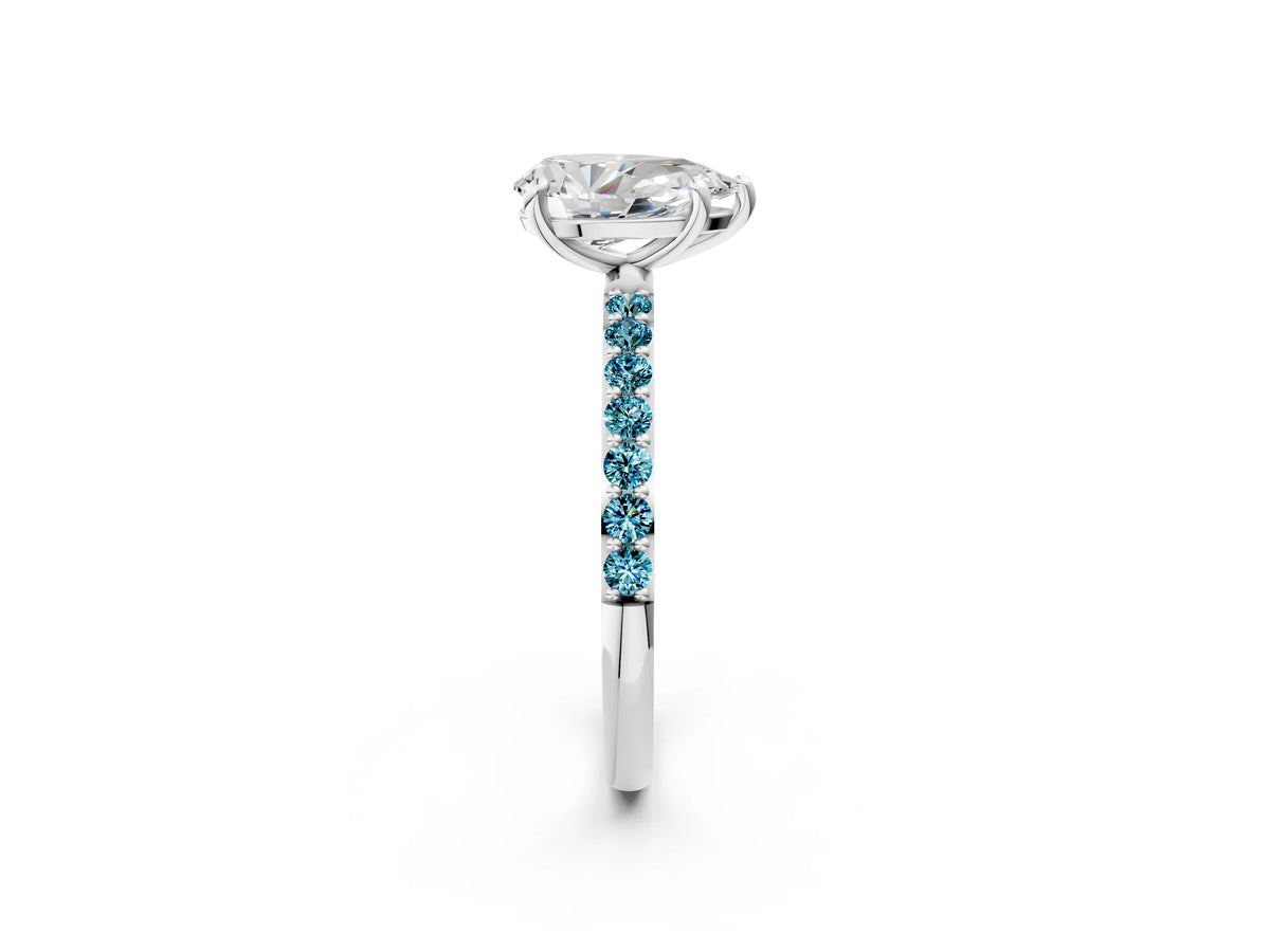 Silver Pear Cut Diamond Solitaire Ring with Round Blue Topaz Pavé Band and Prong Setting_14