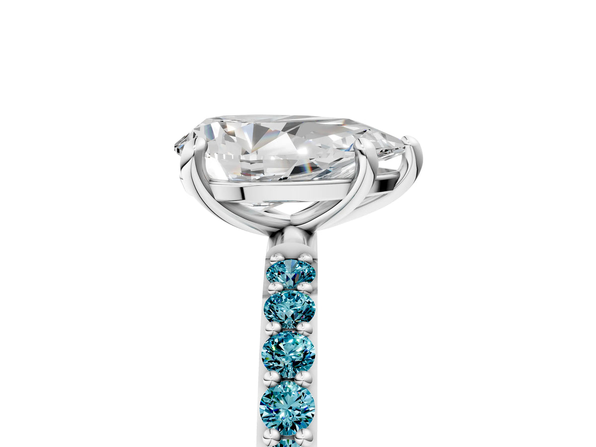 Silver Pear Cut Diamond Solitaire Ring with Round Blue Topaz Pavé Band and Prong Setting_17
