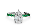 Silver Pear Cut Diamond Solitaire Ring with Round Emerald Pavé Band and Prong Setting_12