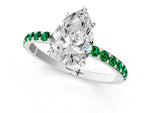 Silver Pear Cut Diamond Solitaire Ring with Round Emerald Pavé Band and Prong Setting_13