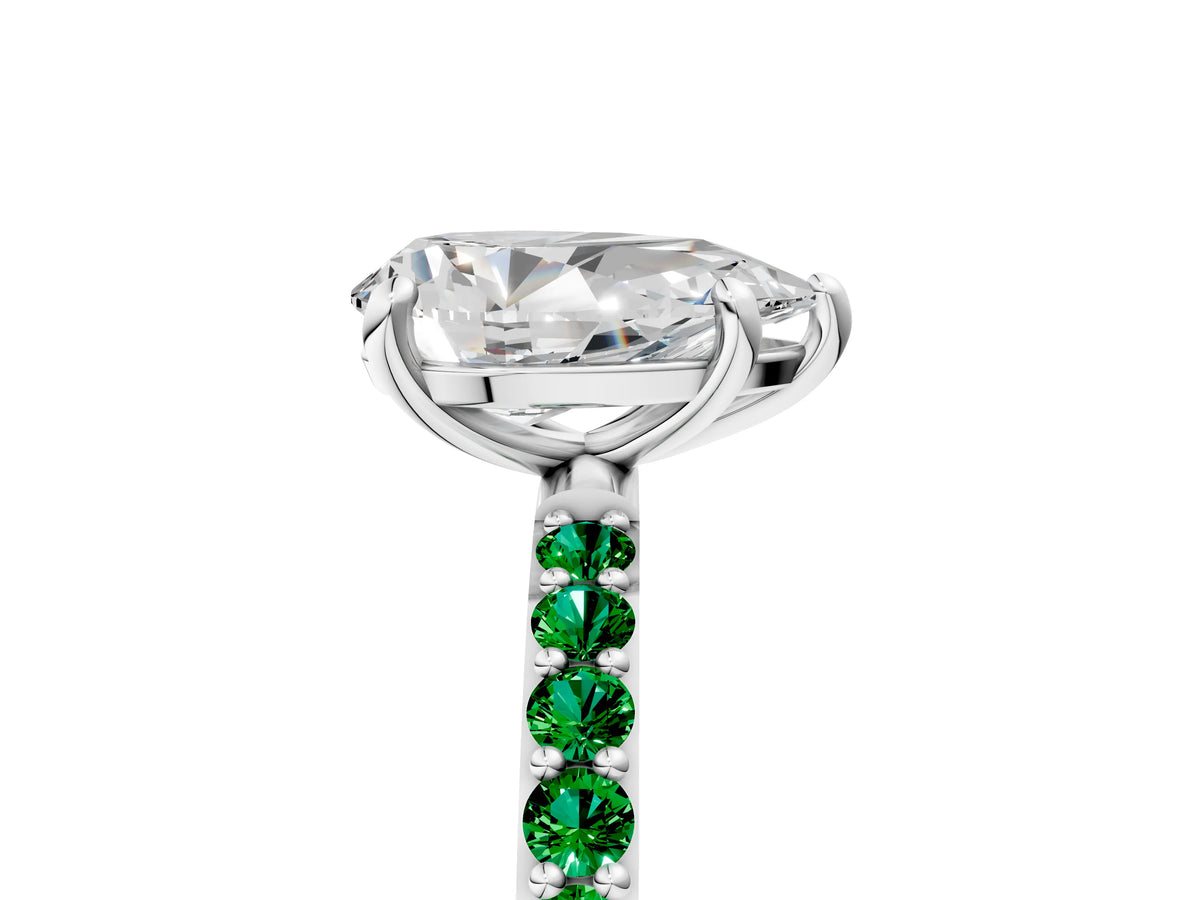 Silver Pear Cut Diamond Solitaire Ring with Round Emerald Pavé Band and Prong Setting_17