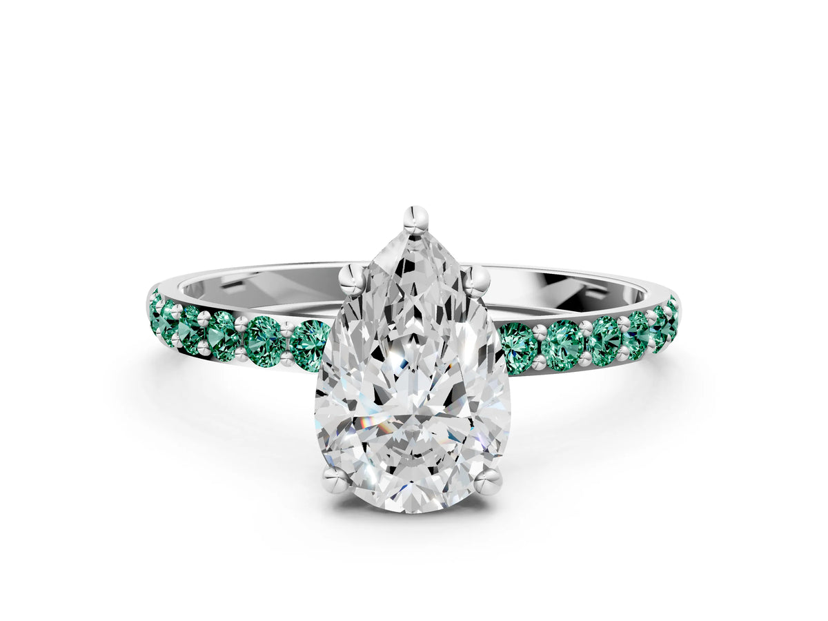 Silver Pear Cut Diamond Solitaire Ring with Round Green Sapphire Pavé Band and Prong Setting_12