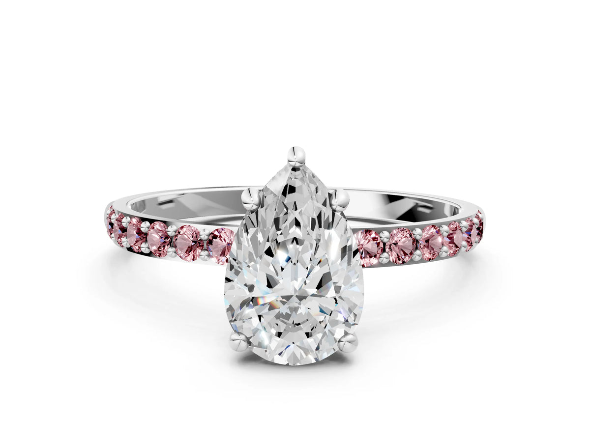Silver Pear Cut Diamond Solitaire Ring with Round Morganite Pavé Band and Prong Setting_12