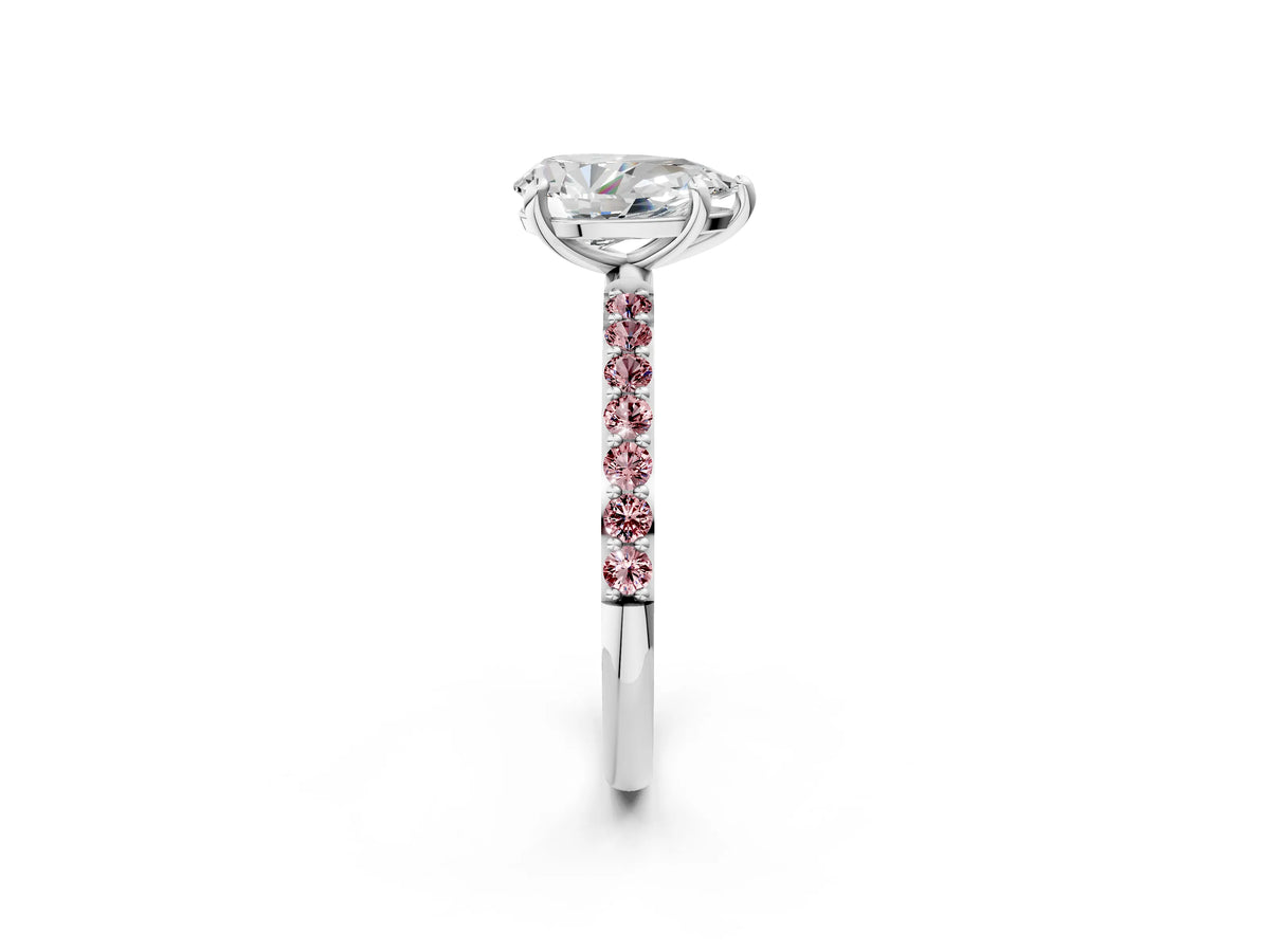 Silver Pear Cut Diamond Solitaire Ring with Round Morganite Pavé Band and Prong Setting_14