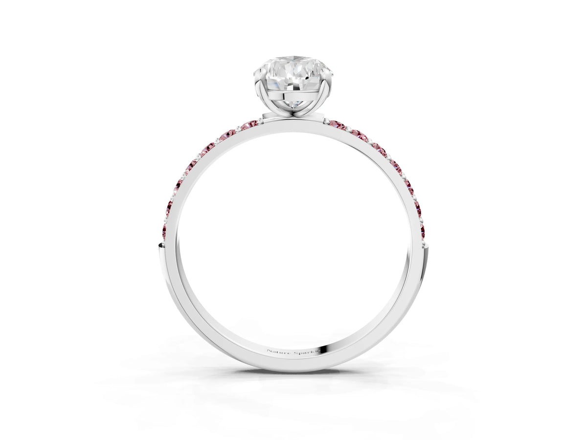 Silver Pear Cut Diamond Solitaire Ring with Round Morganite Pavé Band and Prong Setting_15