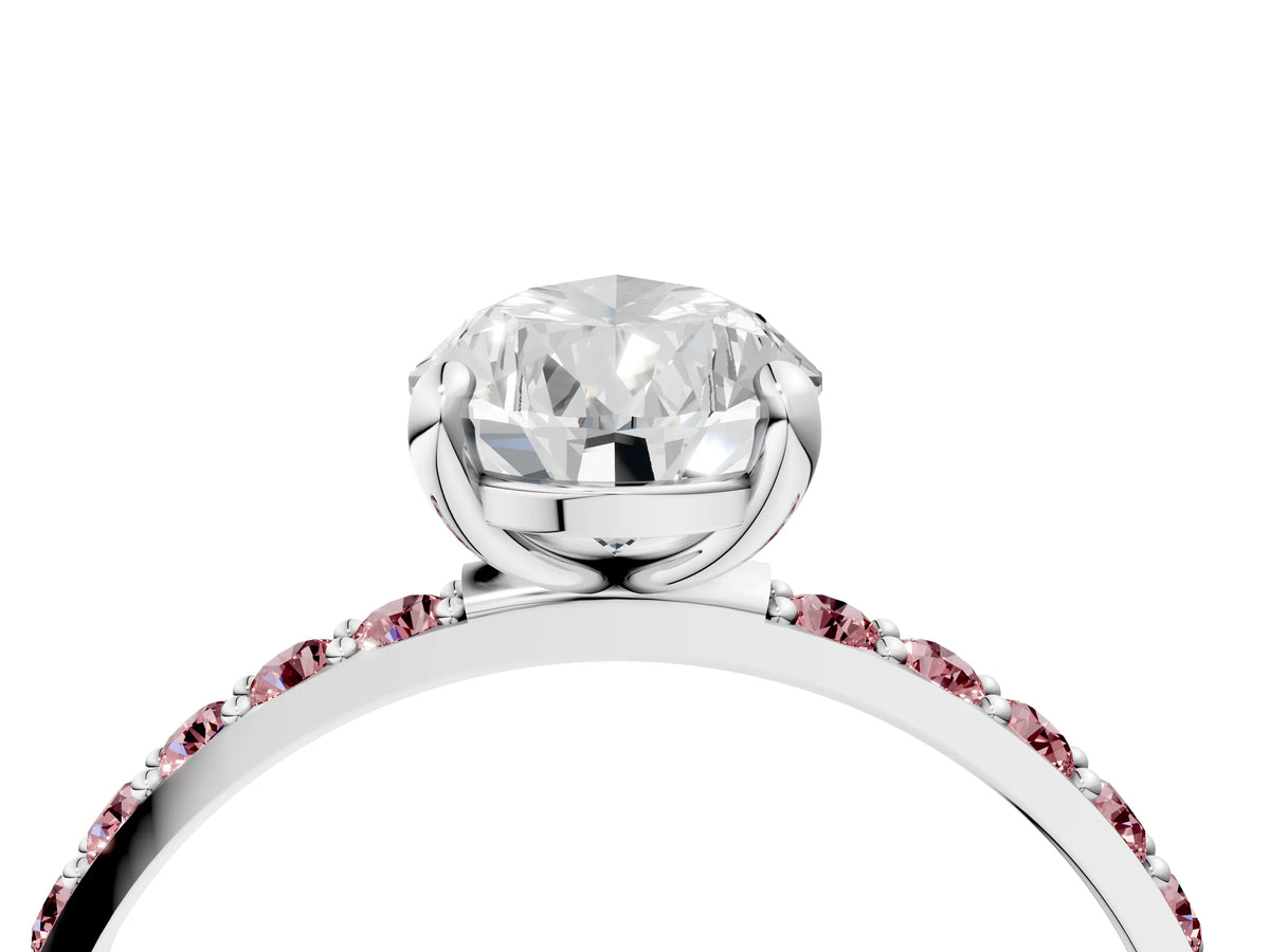 Silver Pear Cut Diamond Solitaire Ring with Round Morganite Pavé Band and Prong Setting_16