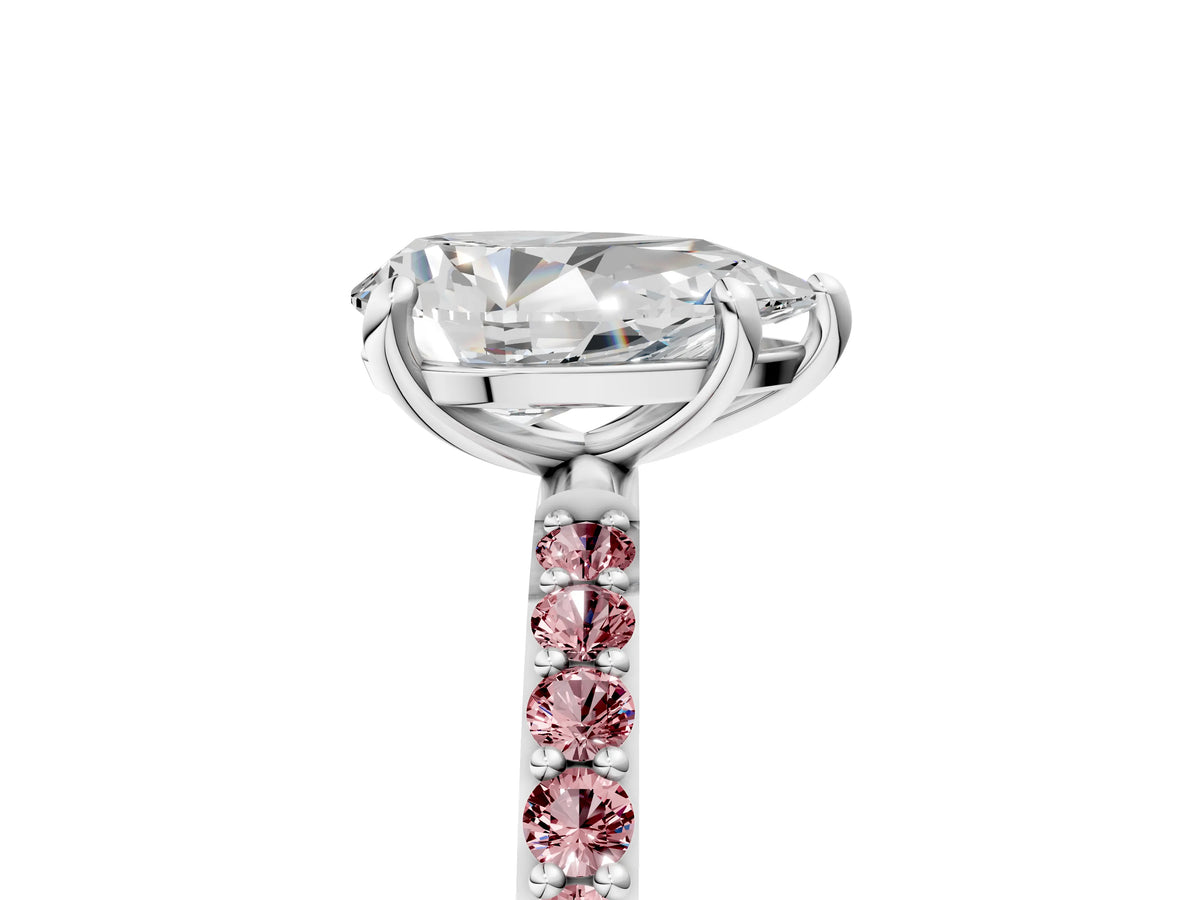 Silver Pear Cut Diamond Solitaire Ring with Round Morganite Pavé Band and Prong Setting_17