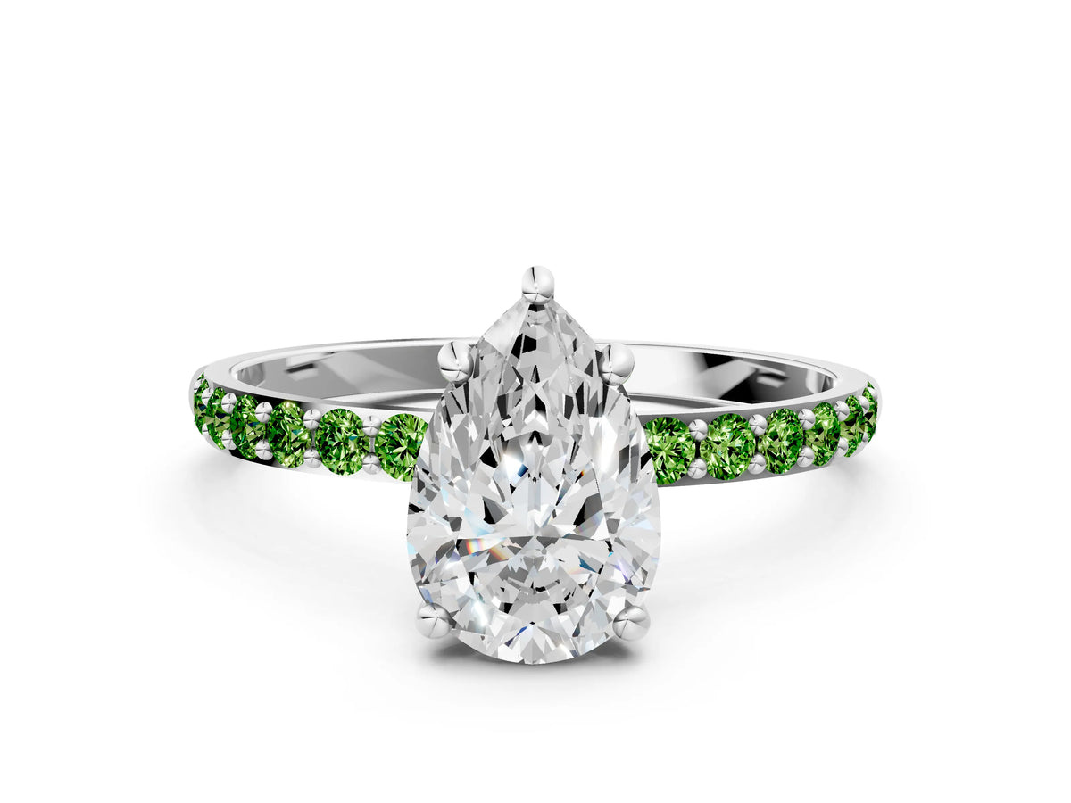 Silver Pear Cut Diamond Solitaire Ring with Round Peridot Pavé Band and Prong Setting_12
