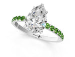 Silver Pear Cut Diamond Solitaire Ring with Round Peridot Pavé Band and Prong Setting_13