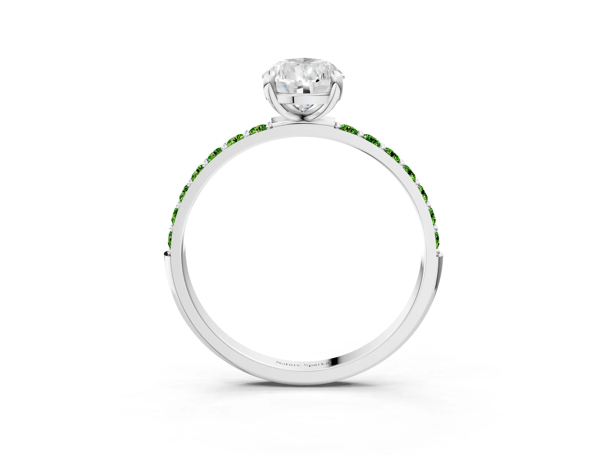 Silver Pear Cut Diamond Solitaire Ring with Round Peridot Pavé Band and Prong Setting_15