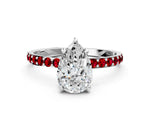 Silver Pear Cut Diamond Solitaire Ring with Round Ruby Pavé Band and Prong Setting_12