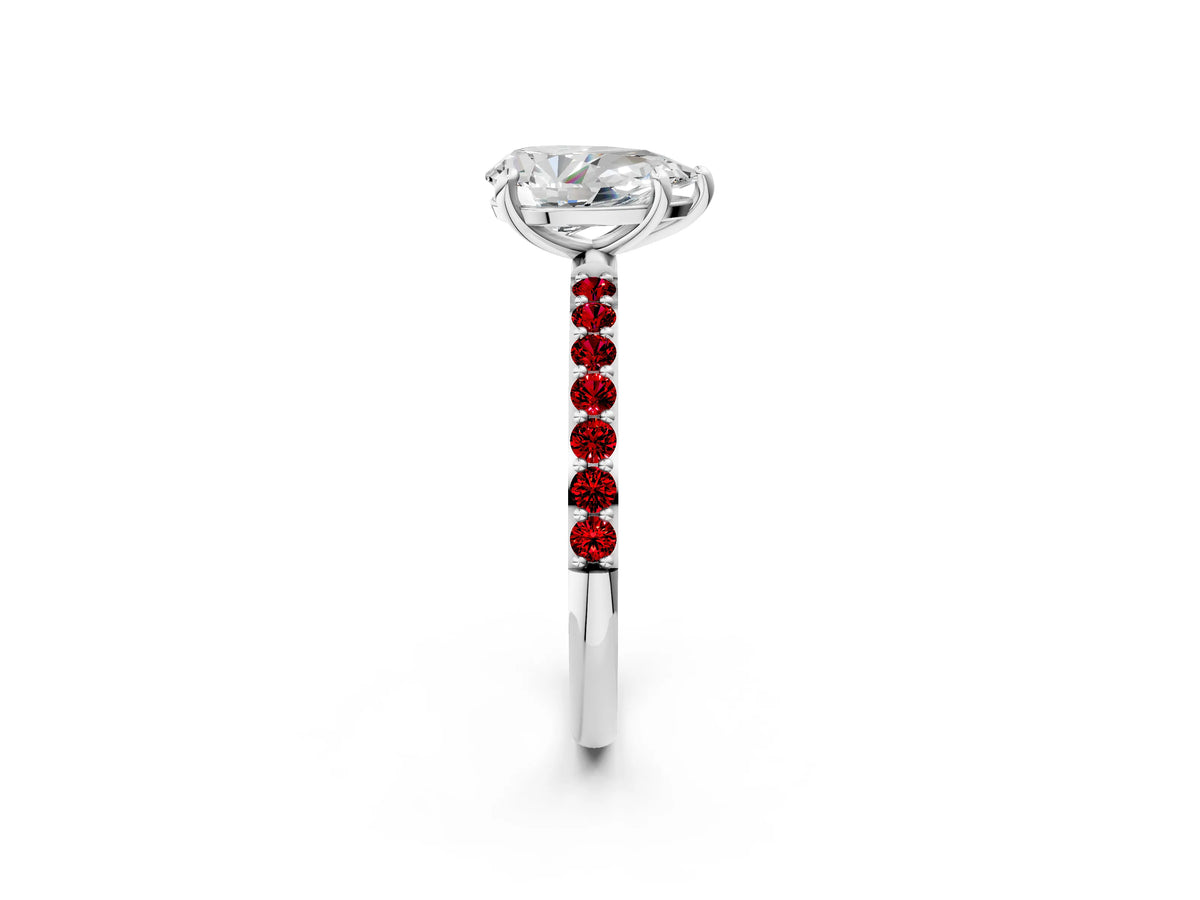 Silver Pear Cut Diamond Solitaire Ring with Round Ruby Pavé Band and Prong Setting_14