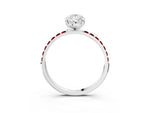 Silver Pear Cut Diamond Solitaire Ring with Round Ruby Pavé Band and Prong Setting_15