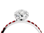 Silver Pear Cut Diamond Solitaire Ring with Round Ruby Pavé Band and Prong Setting_16