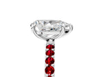 Silver Pear Cut Diamond Solitaire Ring with Round Ruby Pavé Band and Prong Setting_17