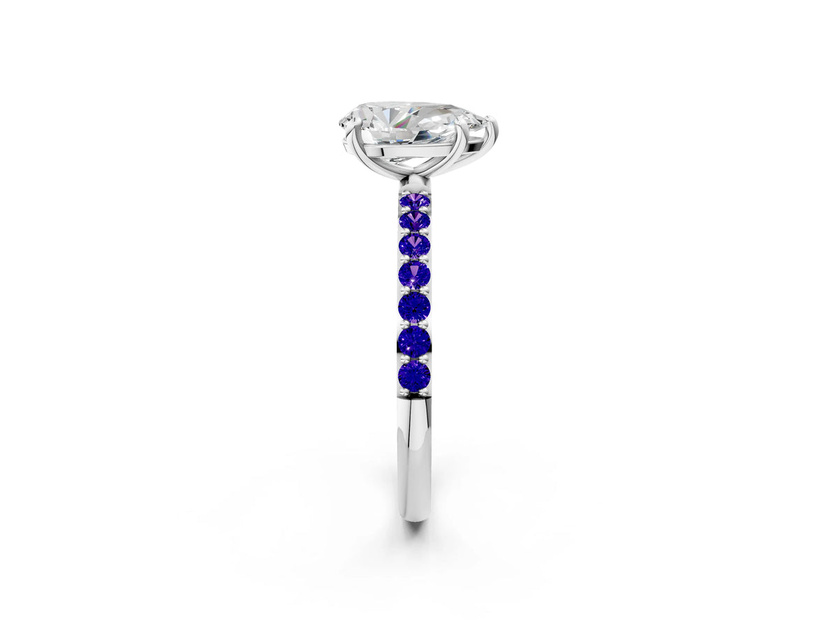 Silver Pear Cut Diamond Solitaire Ring with Round Tanzanite Pavé Band and Prong Setting_8