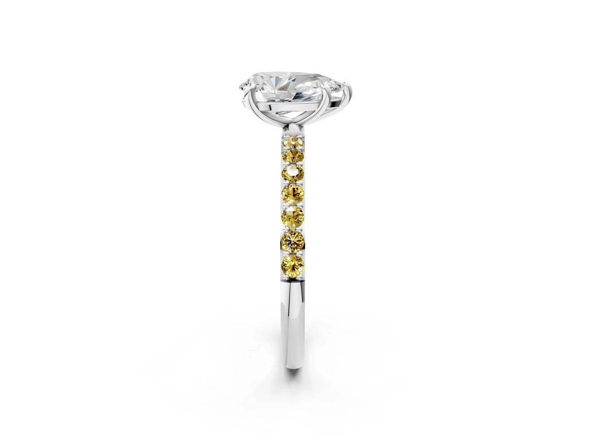Silver Pear Cut Diamond Solitaire Ring with Round Yellow Sapphire Pavé Band and Prong Setting_14