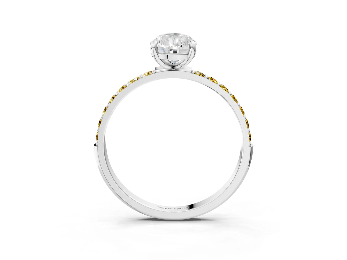 Silver Pear Cut Diamond Solitaire Ring with Round Yellow Sapphire Pavé Band and Prong Setting_15
