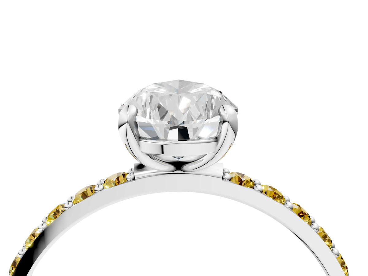 Silver Pear Cut Diamond Solitaire Ring with Round Yellow Sapphire Pavé Band and Prong Setting_16