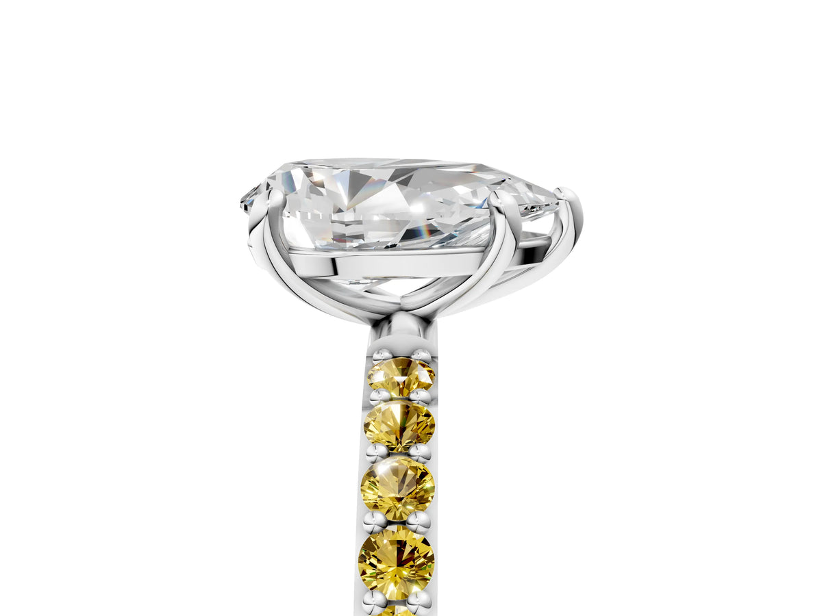 Silver Pear Cut Diamond Solitaire Ring with Round Yellow Sapphire Pavé Band and Prong Setting_17