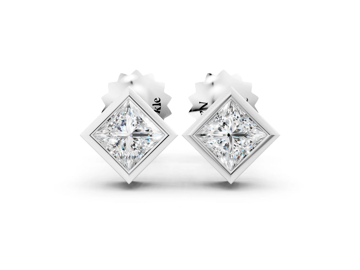 Silver Princess Cut Bezel Set Diamond Stud Earrings_6