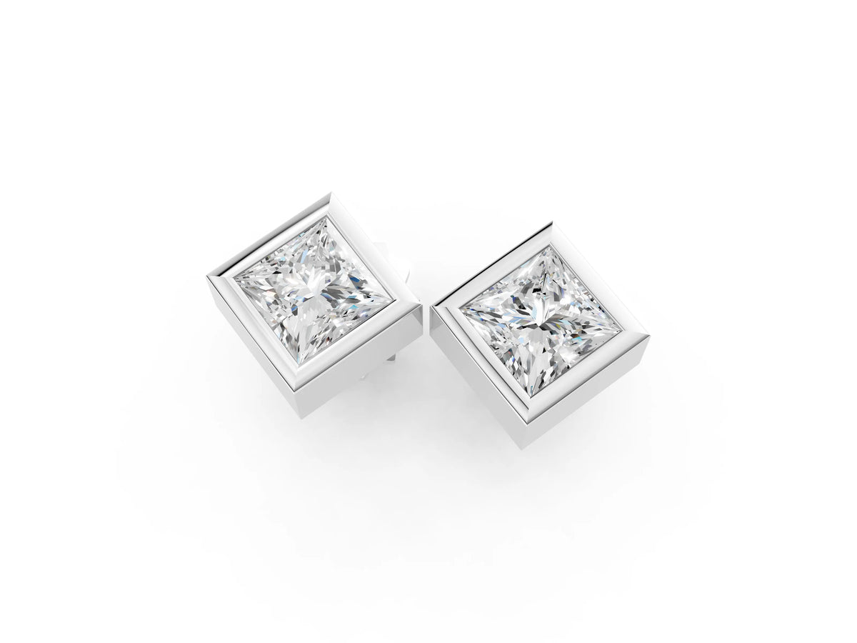 Silver Princess Cut Bezel Set Diamond Stud Earrings_7