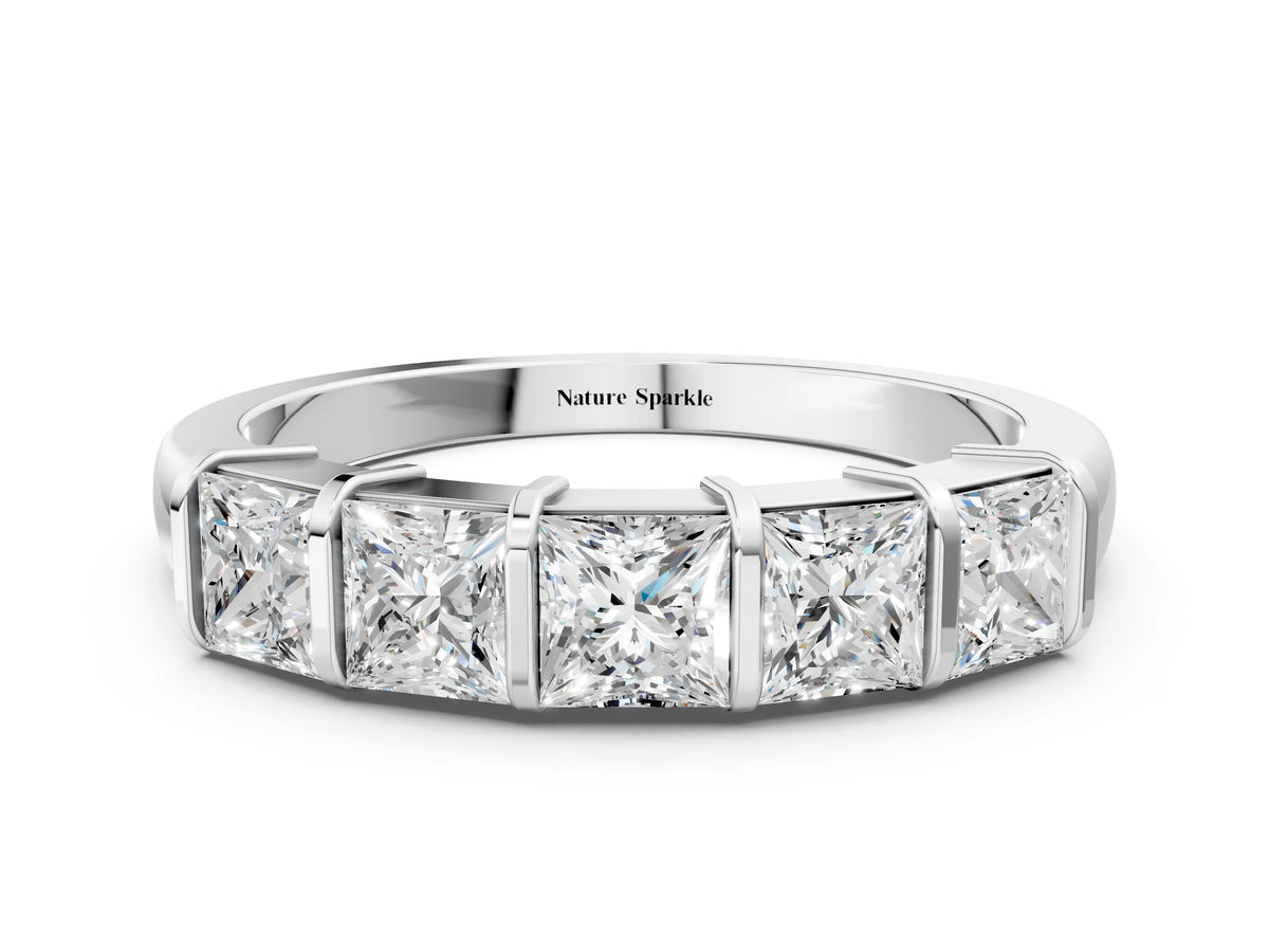 Silver Princess Cut Channel Set Diamond Band with Bar Prong Setting