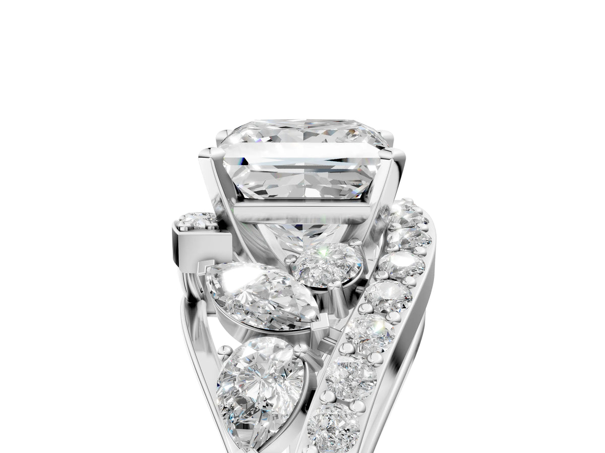 Silver Princess Cut Diamond Halo Ring with Marquise and Pavé Band in Prong Setting_17