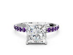 Silver Princess Cut Diamond Solitaire Ring with Round Amethyst Pavé Band and Prong Setting_12
