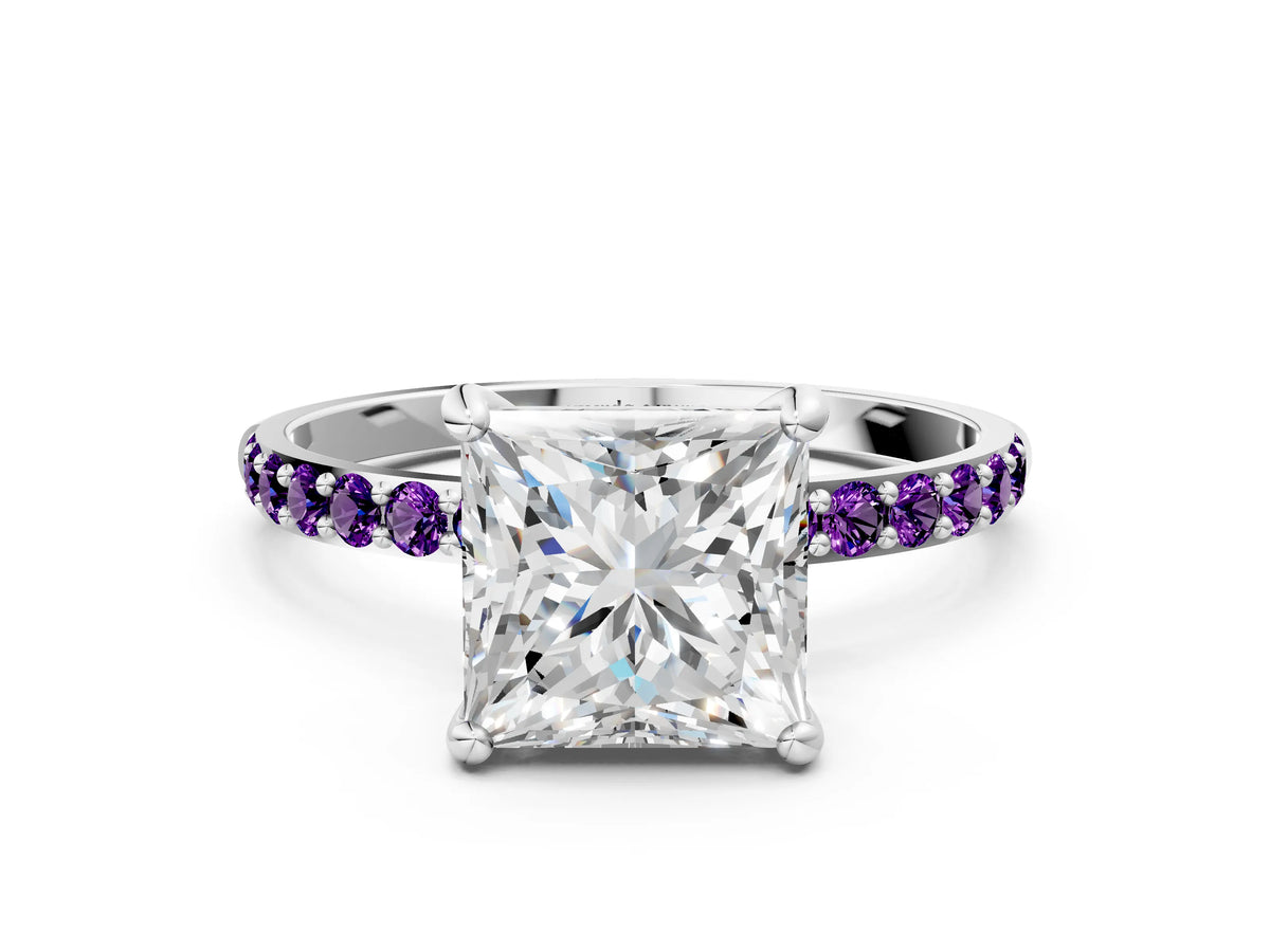 Silver Princess Cut Diamond Solitaire Ring with Round Amethyst Pavé Band and Prong Setting_12
