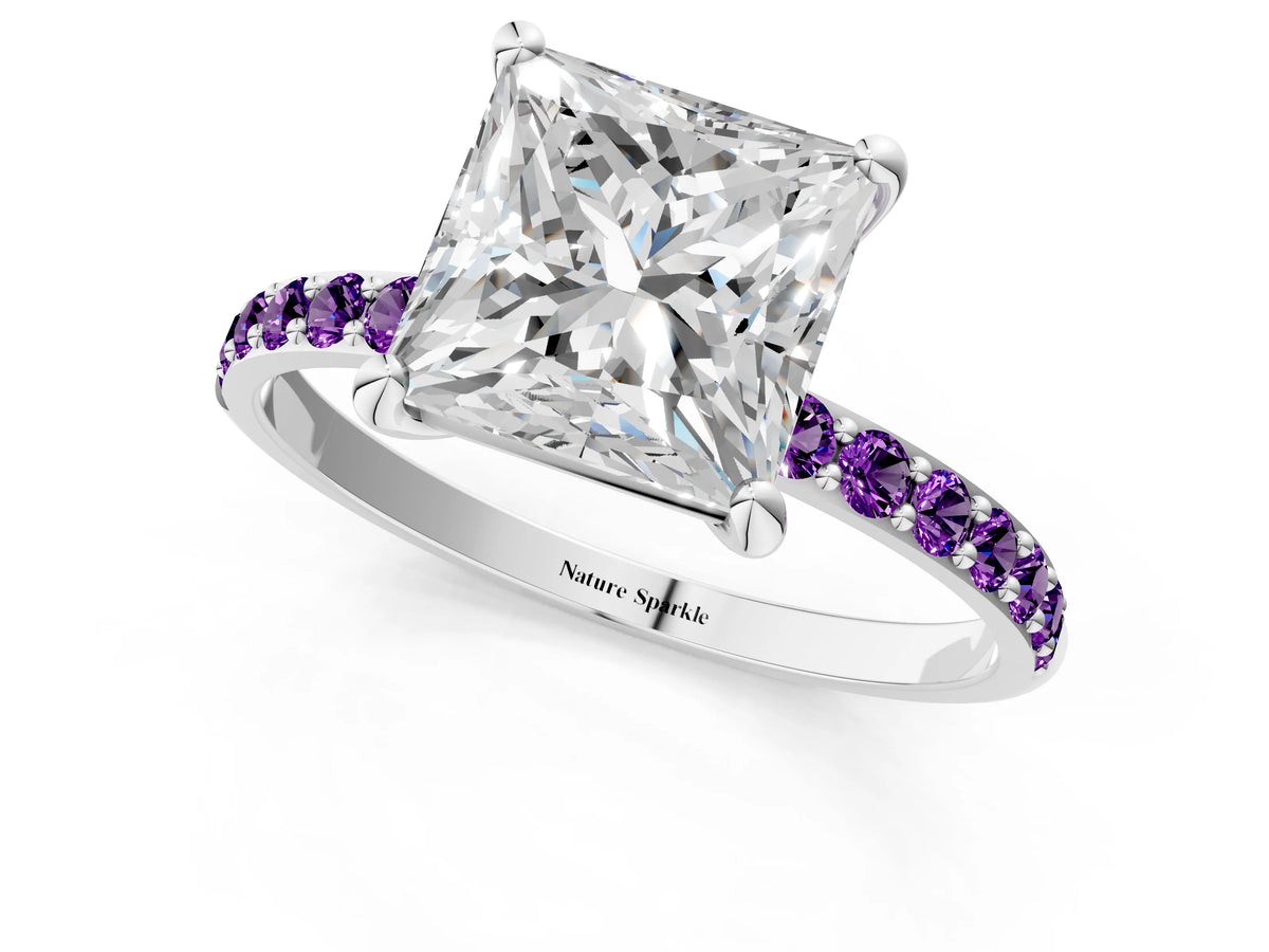 Silver Princess Cut Diamond Solitaire Ring with Round Amethyst Pavé Band and Prong Setting_13