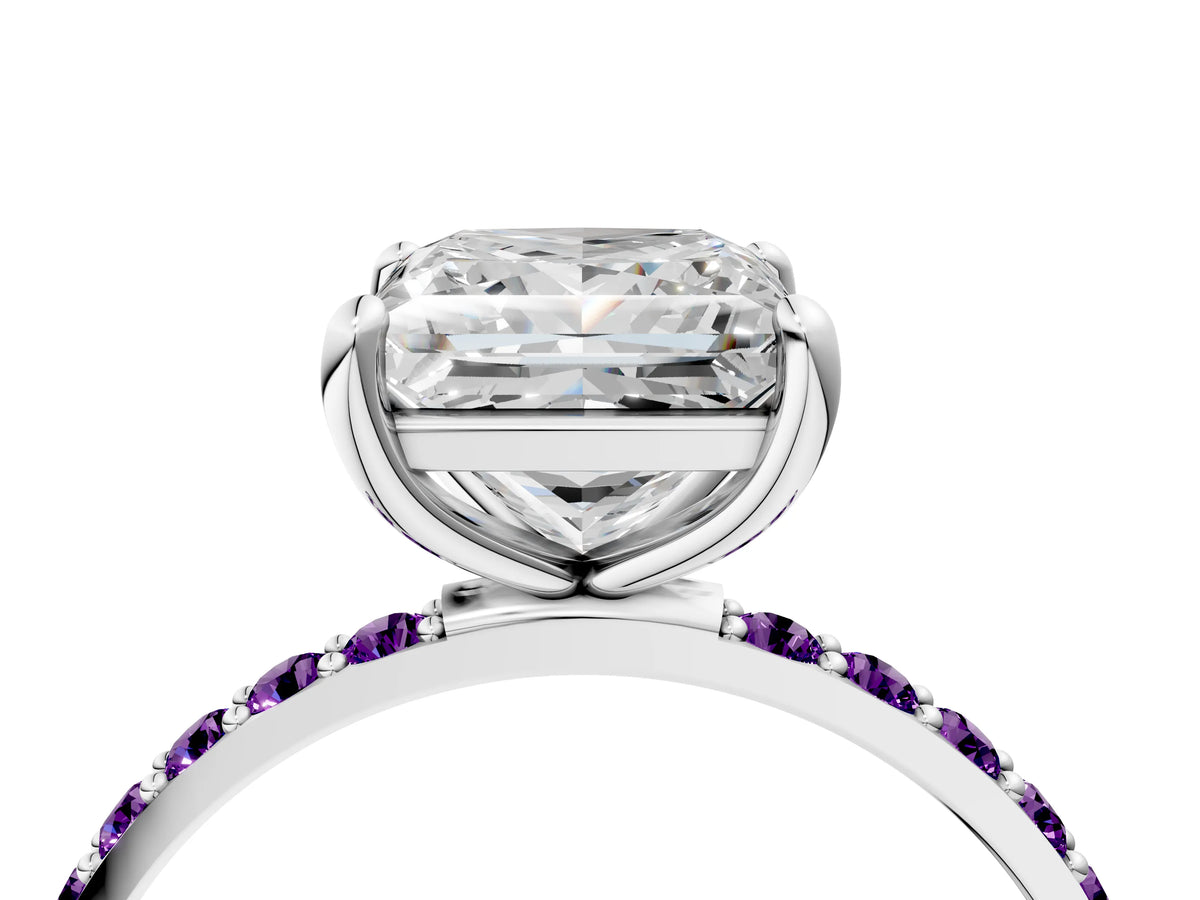 Silver Princess Cut Diamond Solitaire Ring with Round Amethyst Pavé Band and Prong Setting_16