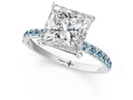 Silver Princess Cut Diamond Solitaire Ring with Round Aquamarine Pavé Band and Prong Setting_13