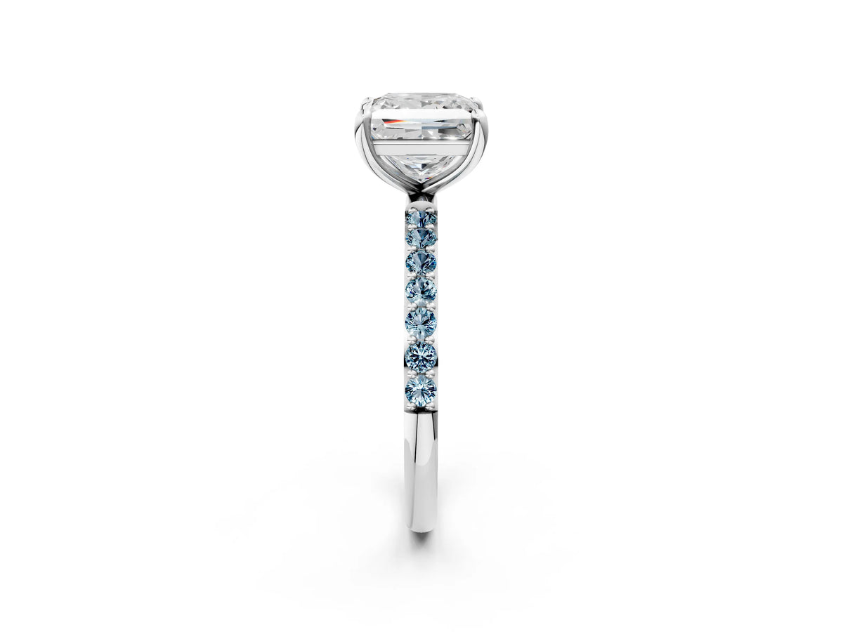 Silver Princess Cut Diamond Solitaire Ring with Round Aquamarine Pavé Band and Prong Setting_14